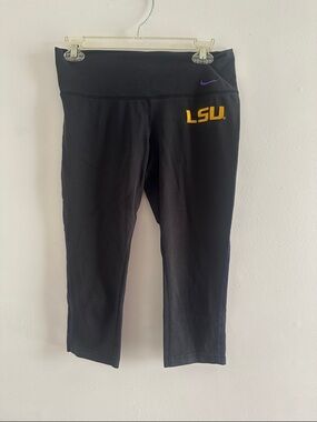 Nike Black Capri Leggings with Gold LSU Logo and Purple Swoosh
